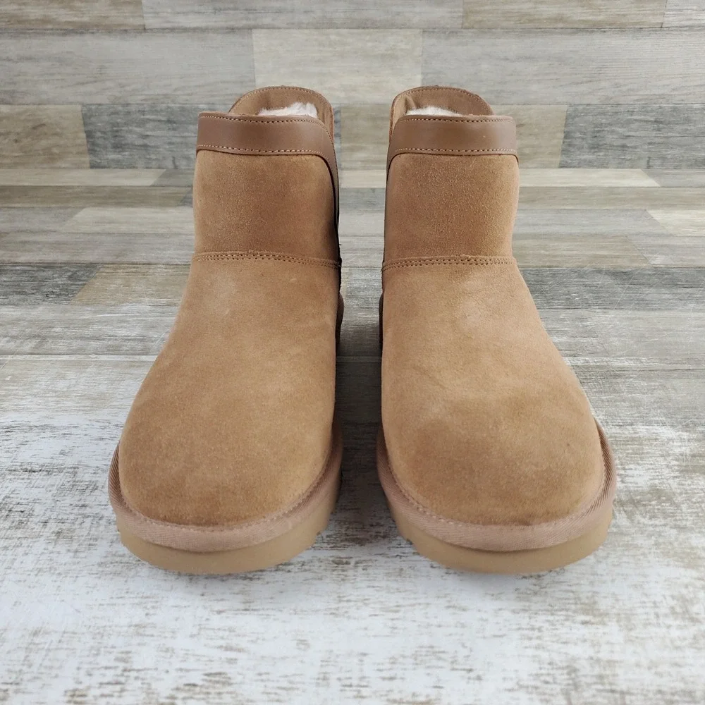 UGG Classic Mini Lunara Womens Snow Boots Sz 9 Chestnut Suede Pull On Round Toe